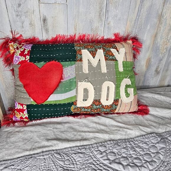 Love My Dog Kantha Boho Pillow Vintage Sari Mixed Fabric Tassels
